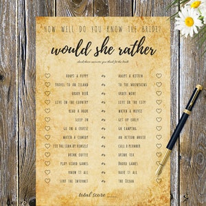 would she rather, wedding game, wedding shower game, question game, wedding question game, bachelorette party, bridal shower game, printable