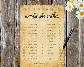 would she rather, wedding game, wedding shower game, question game, wedding question game, bachelorette party, bridal shower game, printable