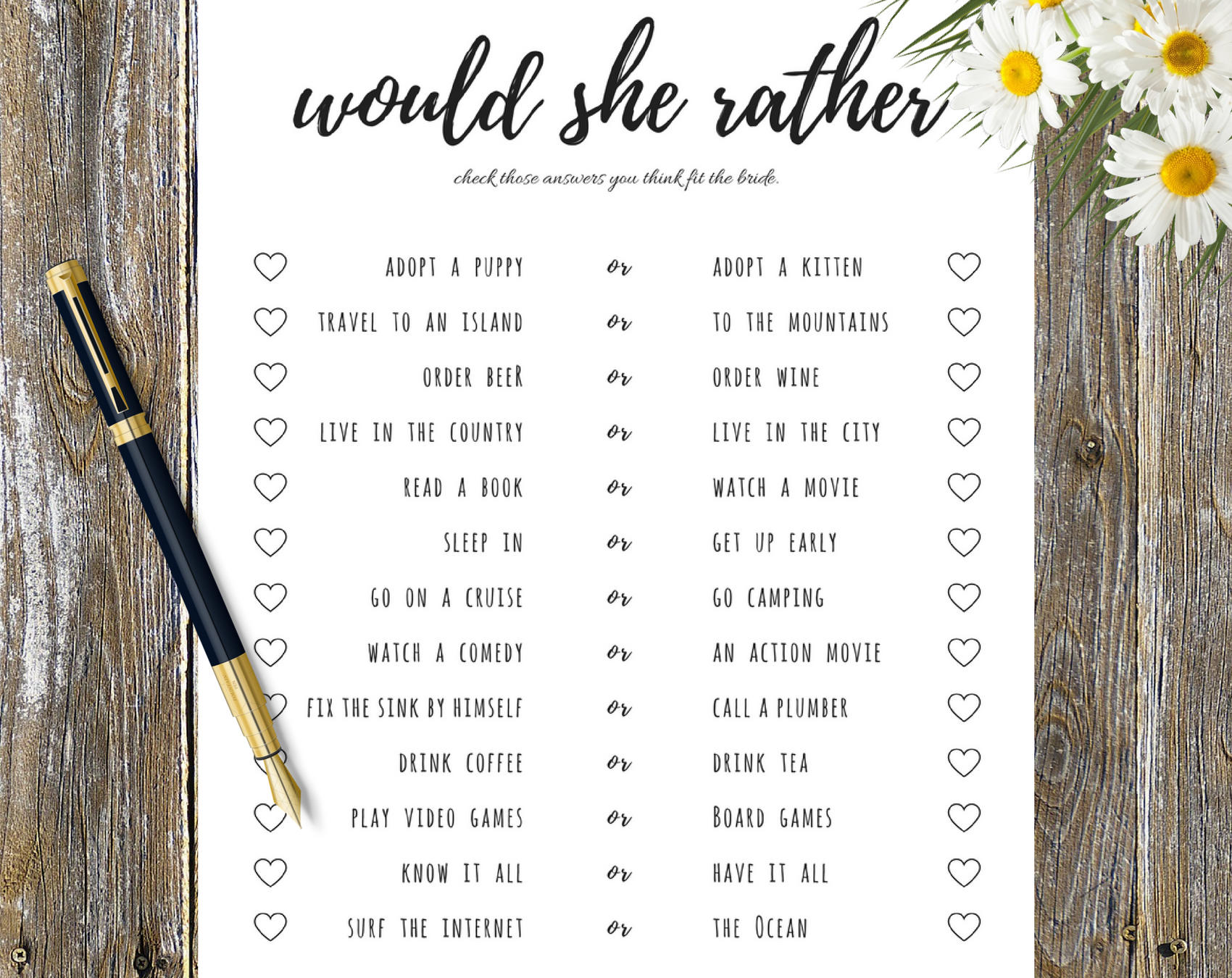 Would She Rather, Wedding Game, Wedding Shower Game, Question Game