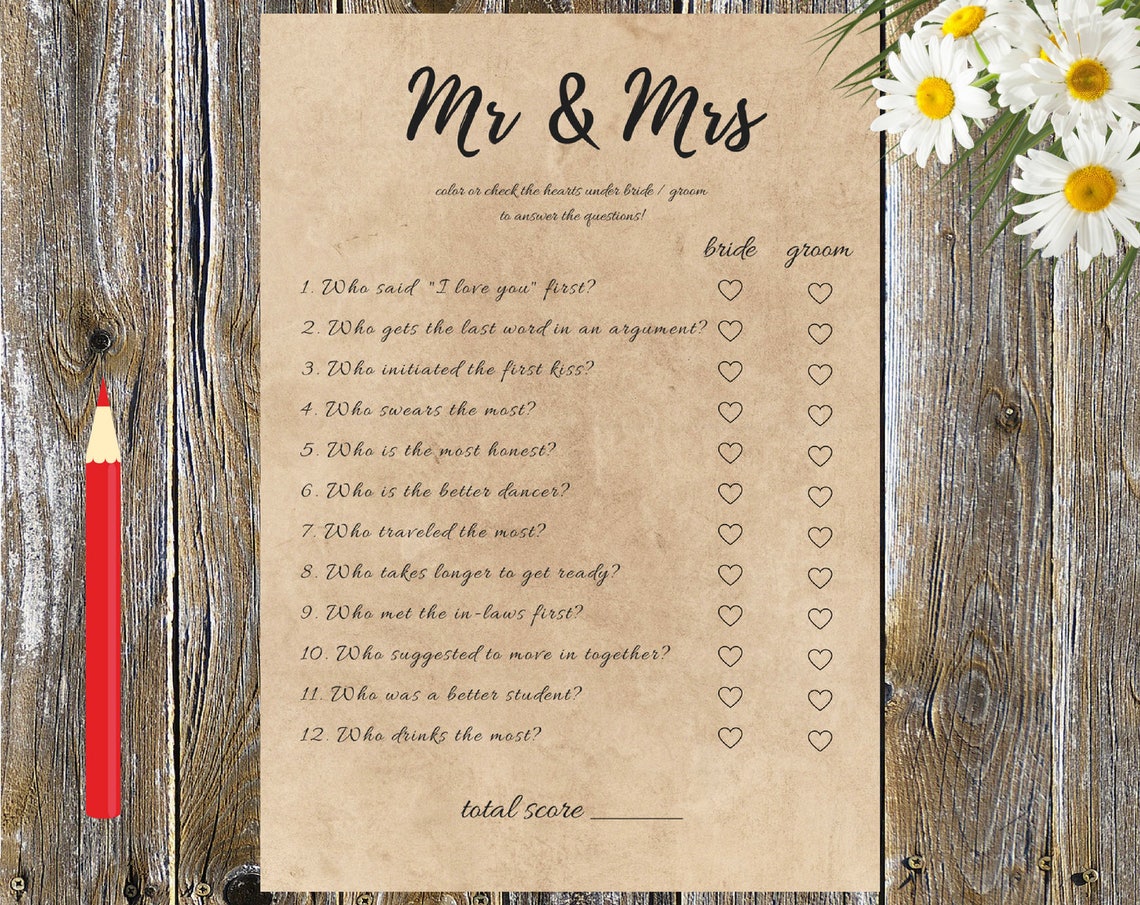 Mr and Mrs Questions, Wedding Game, Hen Party Game, Mr and Mrs Game at