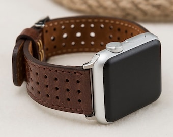 Perforiertes Rally Brown Apple Uhrenarmband, perforiertes Lederband 38mm 42mm 40mm 44mm für Apple Watch 1-9 & Ultra, kostenloser Versand