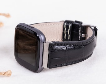 Fitbit-horlogeband van zwart leer met krokodillenpatroon voor Versa 1-4, Lite & Sense / Sense 2