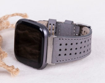 Gray Perforated Leather Fitbit Watch Band for Versa 1-4, Lite & Sense / Sense 2
