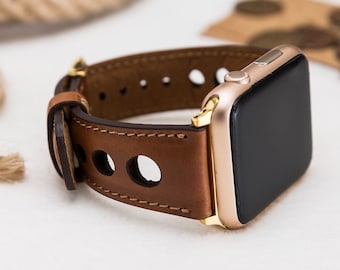 Tan Color Holo Rally Leather Apple watch strap 38mm 42mm 40mm 44mm for Apple watch 1-9 & Ultra, Free Shipping