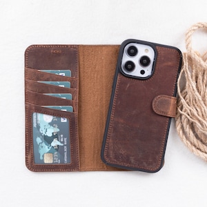 Capa de couro tipo carteira para iPhone 14-15-16, compatível com Magsafe e RFID, capa personalizada removível