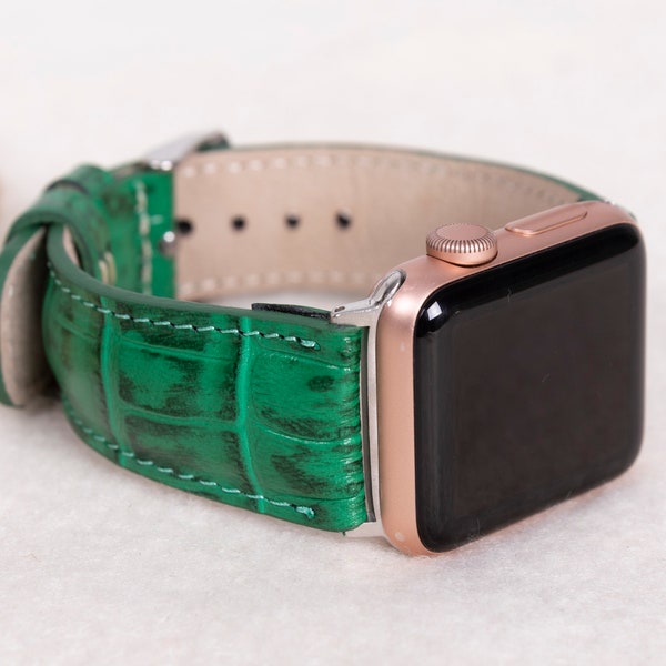 Croco pattern Green Apple watch strap, Leather Band 38mm 42mm 40 mm 44mm 49mm for Apple Watch 1-9, Ultra, Free Shipping