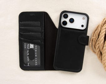 Leren portemonneehoesje iPhone 17 Pro Max | MagSafe-opladen | RFID-blokkering | Afneembare magnetische hoes | Premium volnerfleer