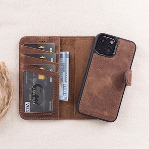 Iphone 13 Mini (5.4&quot;) Leather Antic Brown Detachable Wallet Case, Free Shipping