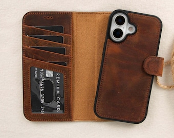 Leren portemonnee hoesje iPhone 17 | MagSafe- en RFID-blokkering | Afneembare magnetische hoes | Volnerf leer | Gepersonaliseerd