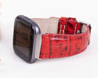 Correa Fitbit de piel con estampado de cocodrilo rojo para Versa 1-4, Lite y Sense/Sense 2