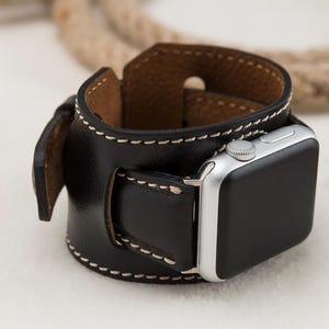 Black Apple watch cuff, Full Grain Leather Cuff for Apple Watch 1-10, Ultra, Free Shipping