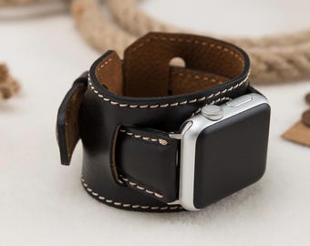 Zwarte volnerf lederen Apple Watch-manchet