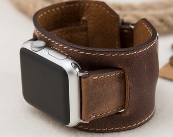 Antic Brown Apple Watch Manschette, Vollnarbenleder Manschette 49mm 45mm 41mm 44mm für Apple Watch 1-9, Ultra, kostenloser Versand