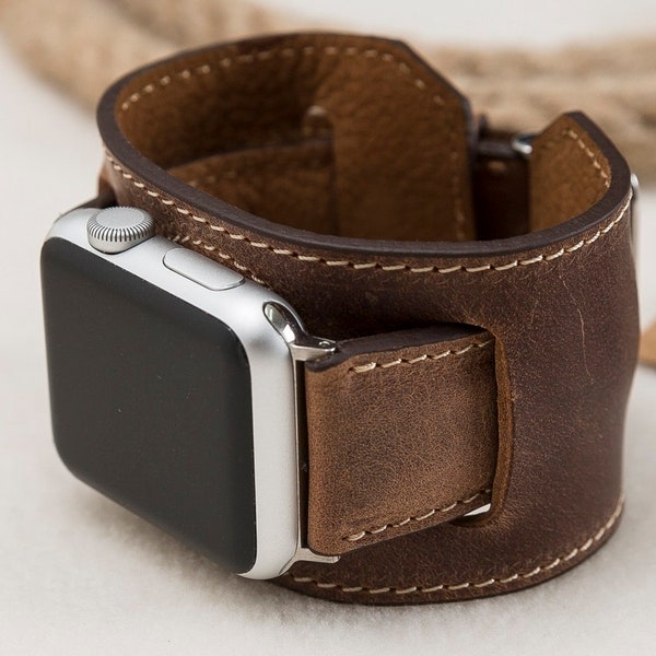 Antic Brown Apple watch cuff, Full Grain Leather Cuff 49mm 45mm 41mm 44mm for Apple Watch 1-9, Ultra, Free Shipping