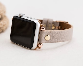 Beigegrijs leren damesband voor Apple Watch (Gold Rivet)