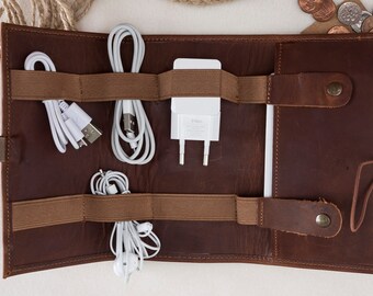 Antic Brown Leather Cable Organizer, Leather Cable Holder, Cord Organizer, Leather Cord Wrap with Pocket