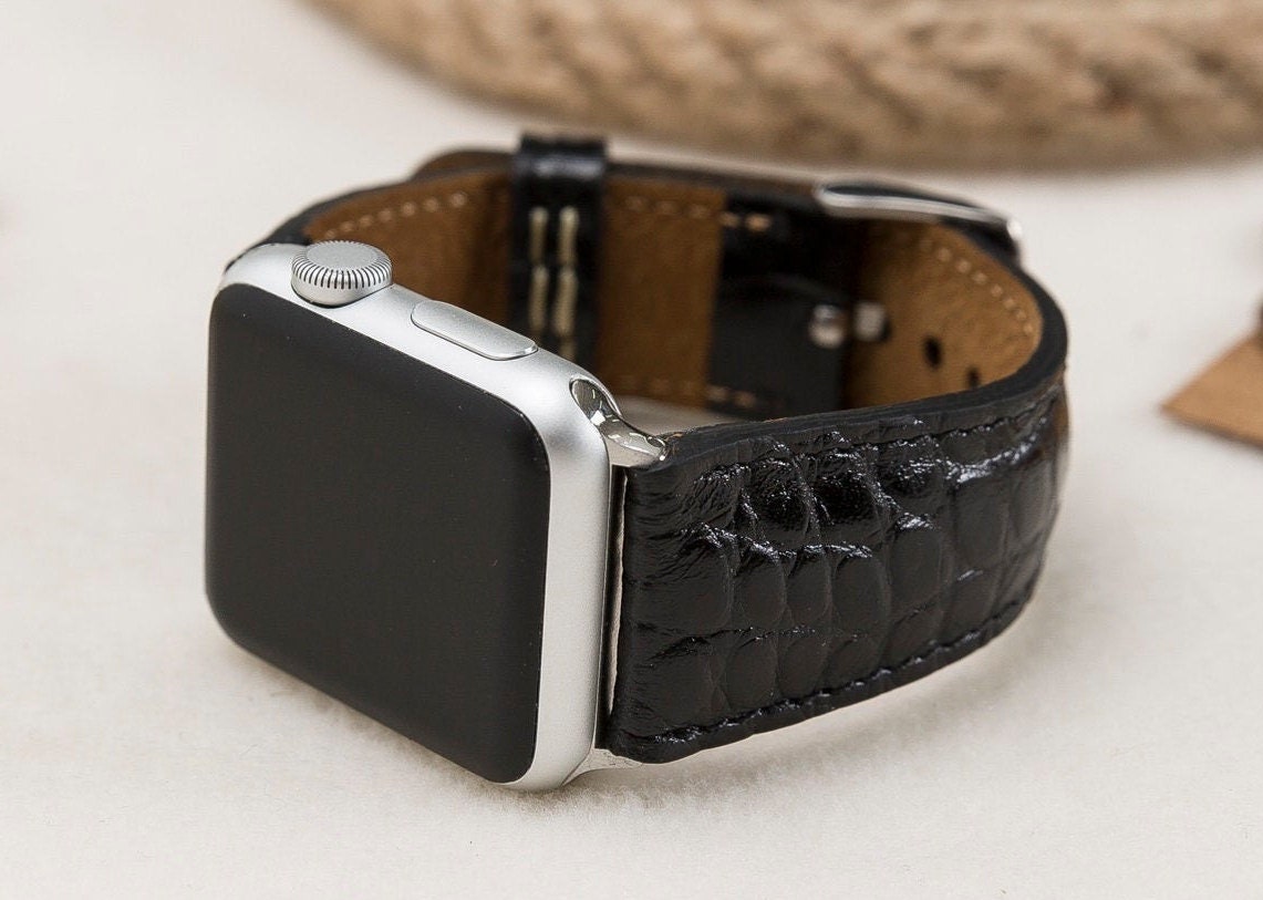 Full Grain Leather Black Croco Pattern Apple Watch Strap - Etsy