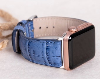 Blauwe leren Apple Watch-band met krokomotief, volnerf band