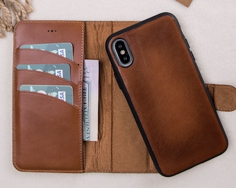 iPhone 7/8/SE Burnished Brown Detachable Wallet Case, Genuine Leather Case