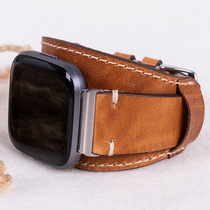 Camel Leather Fitbit Watch Cuff for Versa 1-4, Lite & Sense / Sense 2