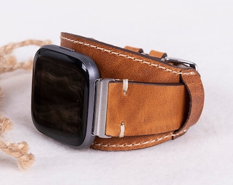 Fitbit Klockarmband i kamelfärgat läder för Versa 1-4, Lite och Sense/Sense 2