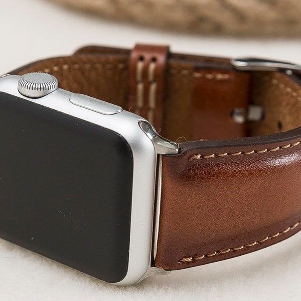 Brown Leather Saddle-Stitched Apple Watch Strap | Leather Watch Strap |45mm, 41mm, 44mm, 40mm, 49mm