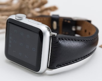 Zwart volnerf lederen Apple Watch-band, slank ontwerp