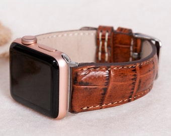 Correa de cuero marrón para Apple Watch con estampado de cocodrilo
