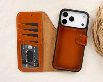 Leren portemonneehoesje iPhone 17 Pro Max | MagSafe-opladen | RFID-blokkering | Afneembare magnetische hoes | Premium volnerfleer