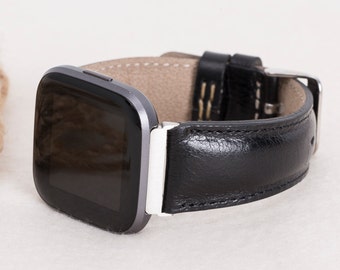 Black Leather Fitbit Watch Band for Versa 1-4, Lite & Sense / Sense 2