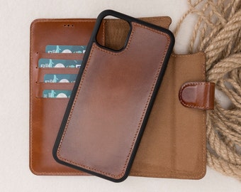 Iphone 11 Pro Max (6.5") Burnished Brown Detachable Wallet Case, Full Grain Leather iPhone 11 Pro Max Case, Free Shipping