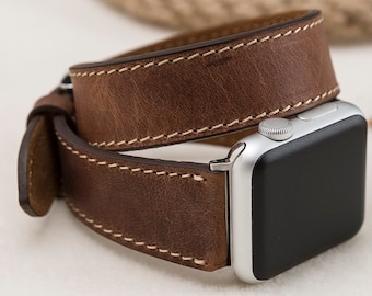 Antic Brown Leather Apple Watch Band, Double Wrap Strap