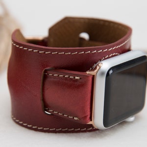 Red Apple watch cuff, Full Grain Leather Cuff 38mm 42mm 40mm 44mm for Apple Watch 1-10, Ultra, Free Shipping