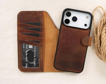 Leren portemonnee hoesje iPhone 17 Pro | MagSafe- en RFID-blokkering | Afneembare magnetische hoes | Handgemaakt volnerfleer