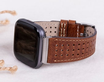 Brown Perforated Leather Fitbit Watch Band for Versa 1-4, Lite & Sense / Sense 2