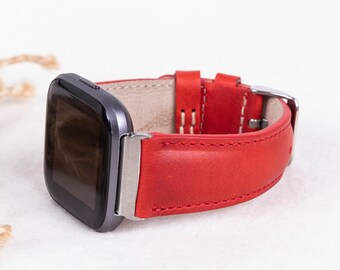 Versa 1-4、Lite、Sense / Sense 2用レッドレザーFitbitウォッチバンド、レディースFitbitバンド