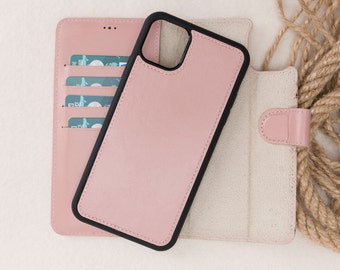 Iphone 11 Pro Max (6.5") Pink Detachable Wallet Case, Full Grain Leather iPhone 11 Pro Max Case, Free Shipping