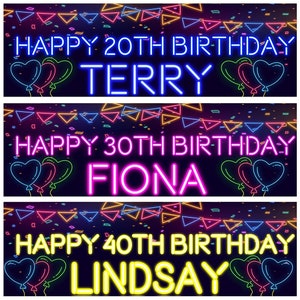 2 personalised birthday banner Neon balloon hearts bunting kids adults party- 18th 21st 30th 40th 50th 60th 70th 80th birthday decoration