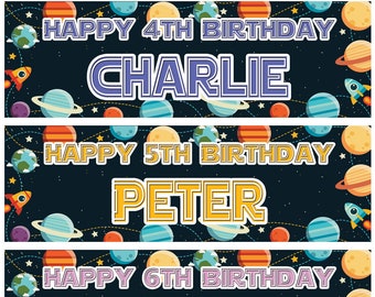 2 Personalised Birthday Banner Space Stars Planets Spaceship Nursery kids Party decoration posters