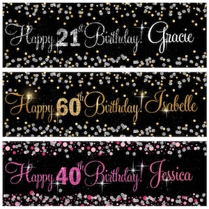 2 personalised birthday banner Silver Gold Pink party wedding celebration poster