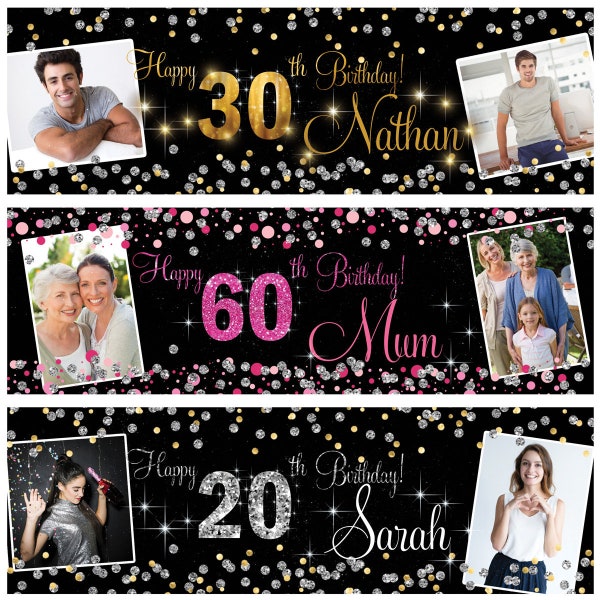 2 personalised birthday banner Photo Silver Gold Pink party wedding poster decoration celebration retirement anniversary gift