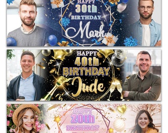 Personalised Birthday Fabric Banner – Custom Age, Name, Photos (Indoor/Outdoor)
