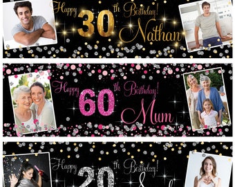 2 personalised birthday banner Photo Silver Gold Pink party wedding poster decoration celebration retirement anniversary gift