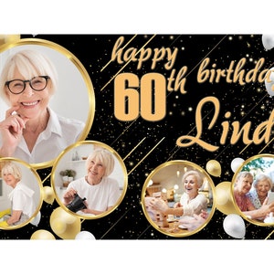 Personalisiertes Geburtstagsbanner Fotos gold schwarz Party Feier Sterne Luftballons Event Dekoration Poster jedes Alters, jeder Name