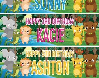 2 Personalised birthday banner jungle animals trees grass children kids party decoration poster