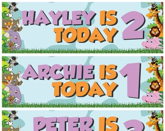 2 Personalised birthday banner jungle animals children kids party decoration poster