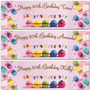2 Personalised birthday banner cupcake candle gift adults kids pink party- 18th 21st 30th 40th 50th 60th 70th 80th birthday decoration