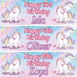 2 x striscioni di compleanno personalizzati Unicorno scuola materna per bambini stella arcobaleno poster decorazione festa per bambini - qualsiasi nome, età, occasione, striscione per battesimo