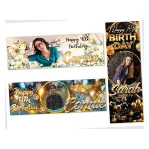 Banner de cumpleaños personalizado con foto de tela de 2 pies x 6 pies para fiestas de niños y adultos: decoraciones para 18, 21, 30, 40, 50 y 60 años, caja de regalo con barra de chocolate