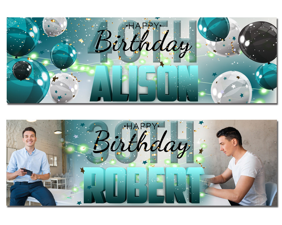 2 personalised birthday banner Photo green man boy party decoration balloon celebration anniversary gift-18th 20th 30th 40th 50th birthday